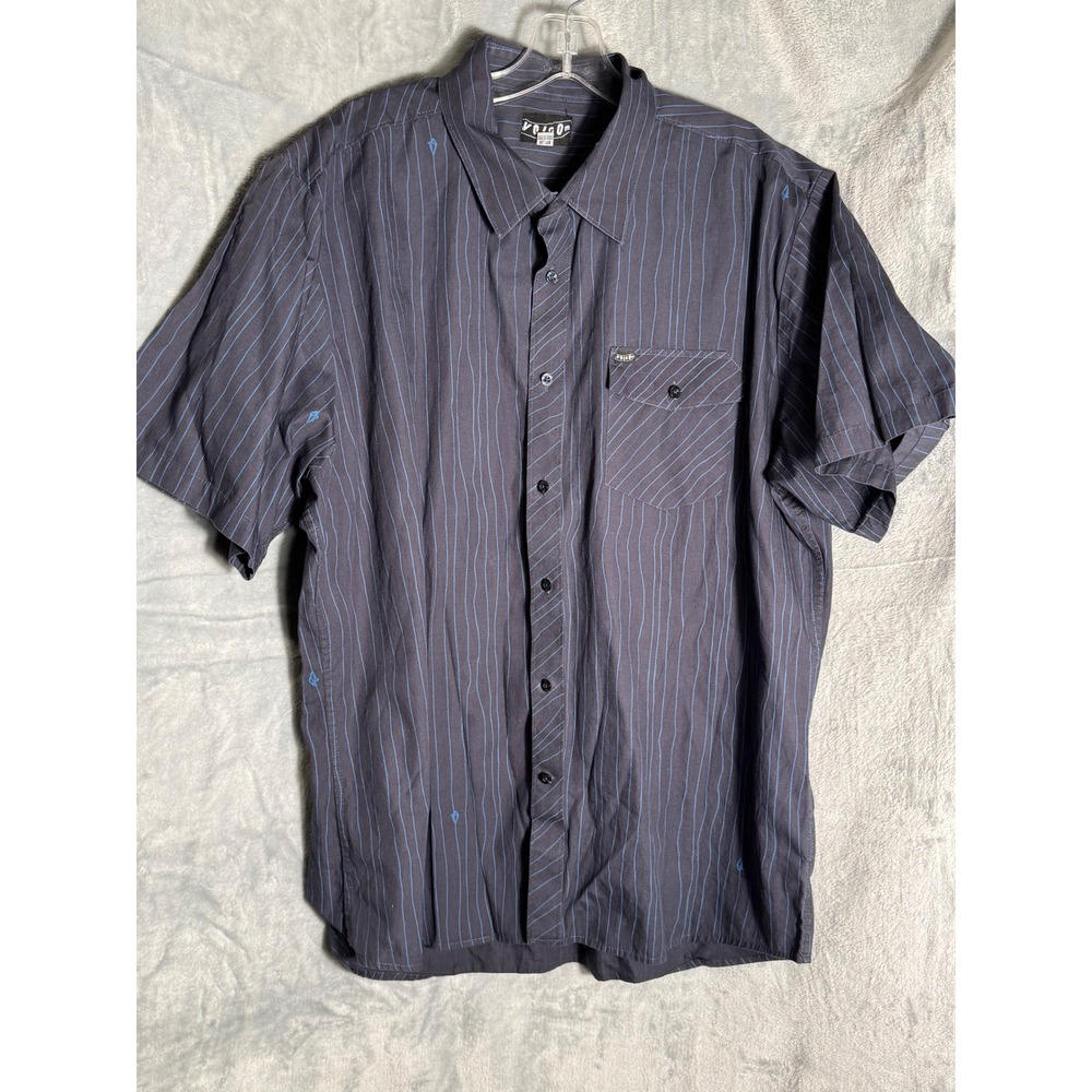 Volcom Mens XL Short Sleeve Button Down Shirt Pinstripe Grey Blue Skate Casual